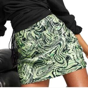 Topshop Satin Green Swirl Pattern Stretchy Mini Skirt Size 12 - NWOT